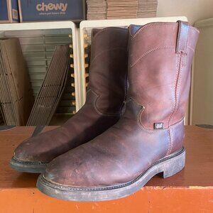 JUSTIN Men’s Size 12 D Brown Steel Toe Pull On Leather Work Boots 4764